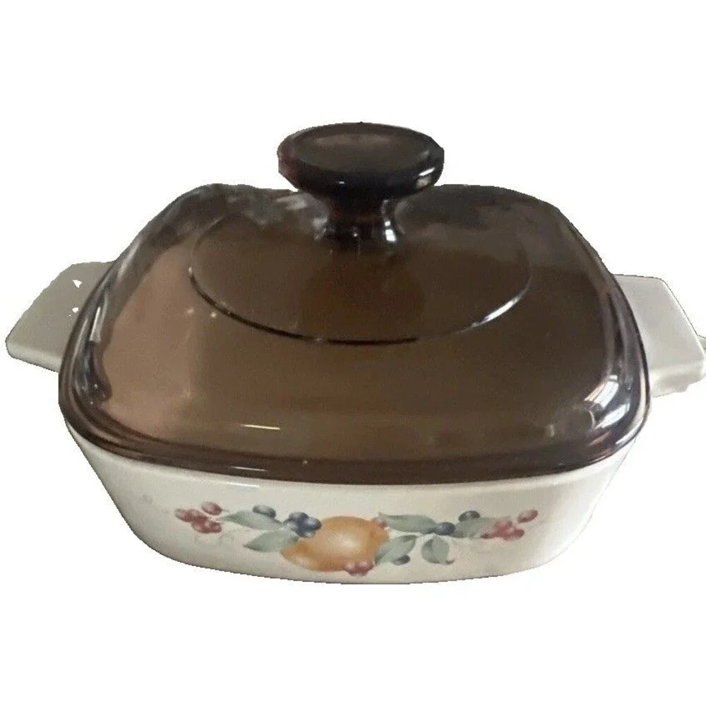 Vintage Corning Ware Abundance Pattern Casserole Set with Amber Lids (8 Pieces)